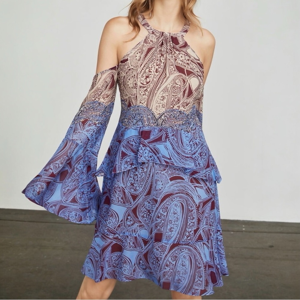 BCBGMaxAzria Ombré Cold Shoulder Ruffled Silk Dress Size Small